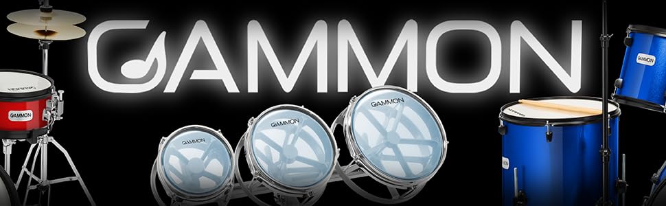 Gammon Percussion Logo with Junior Drum Set, Adult Drum Set, and Roto Tom