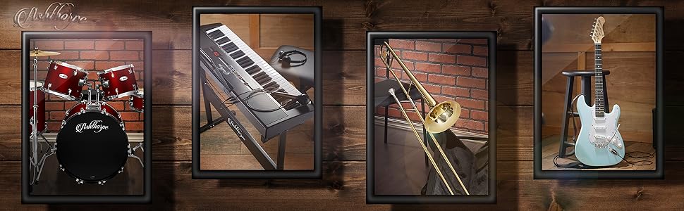 Collection of Ashthorpe Musical Instruments. Drum Set, Keyboard, Electric Guitar, Trombone