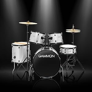 Gammon Full Size Drum Set, Silver Drum Set with Black Bass Drum Head