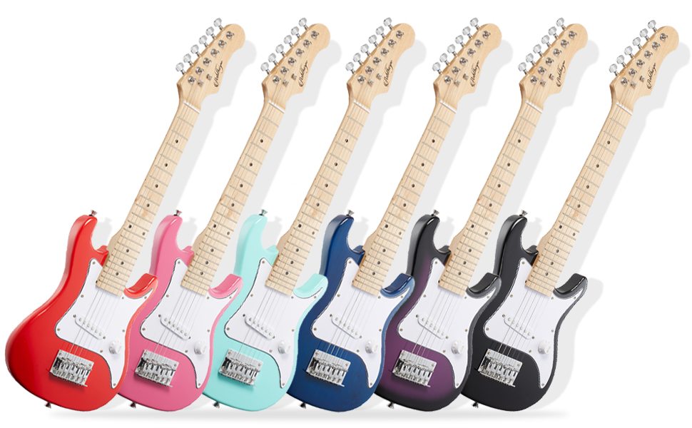 30 inch electric guitar, beginner electric guitar, guitars in red, pink, teal, blue, purple, black