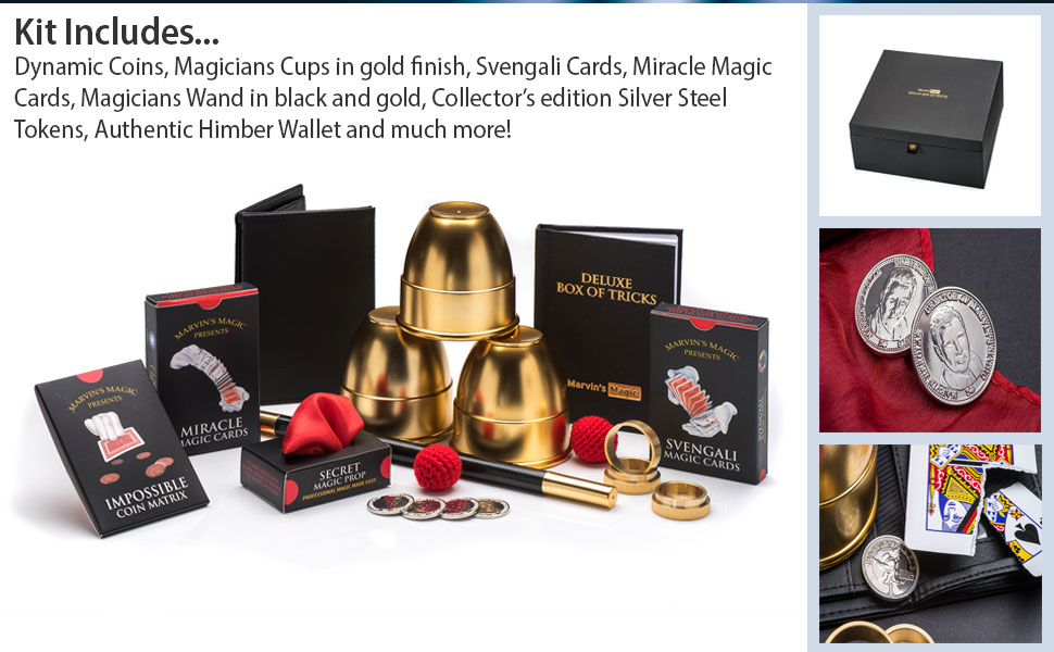 Magic kit includes; Dynamic Coins, Magicians cups and balls, Magic wand and much more!