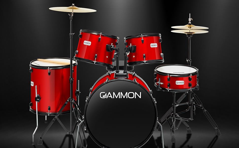 Gammon 5 Piece Full Size Drum Set on Black Background - Available in Red, Black, Silver, Blue