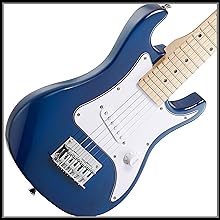 Blue solid body guitar with Strat-style design and white pickguard